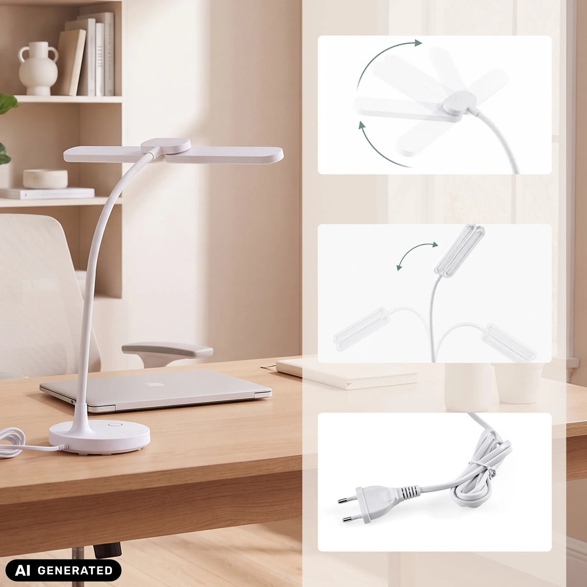 Witte Lumanova D6 bureaulamp met flexibele hals en netsnoer van hjh OFFICE (AI-gegenereerde afbeelding)