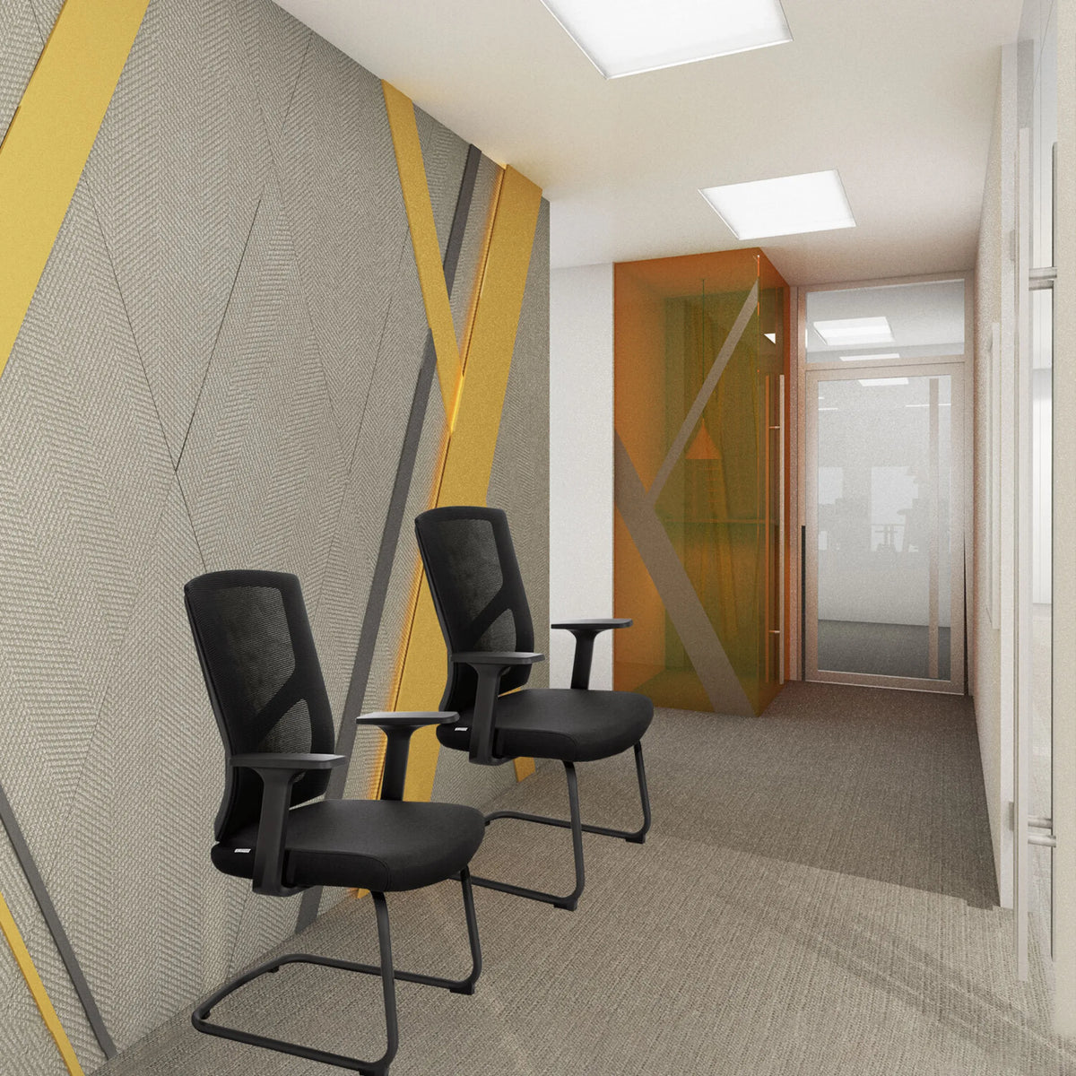 Twee zwarte BRETON V B vergaderstoelen met netrugleuning en armleuningen van hjh OFFICE