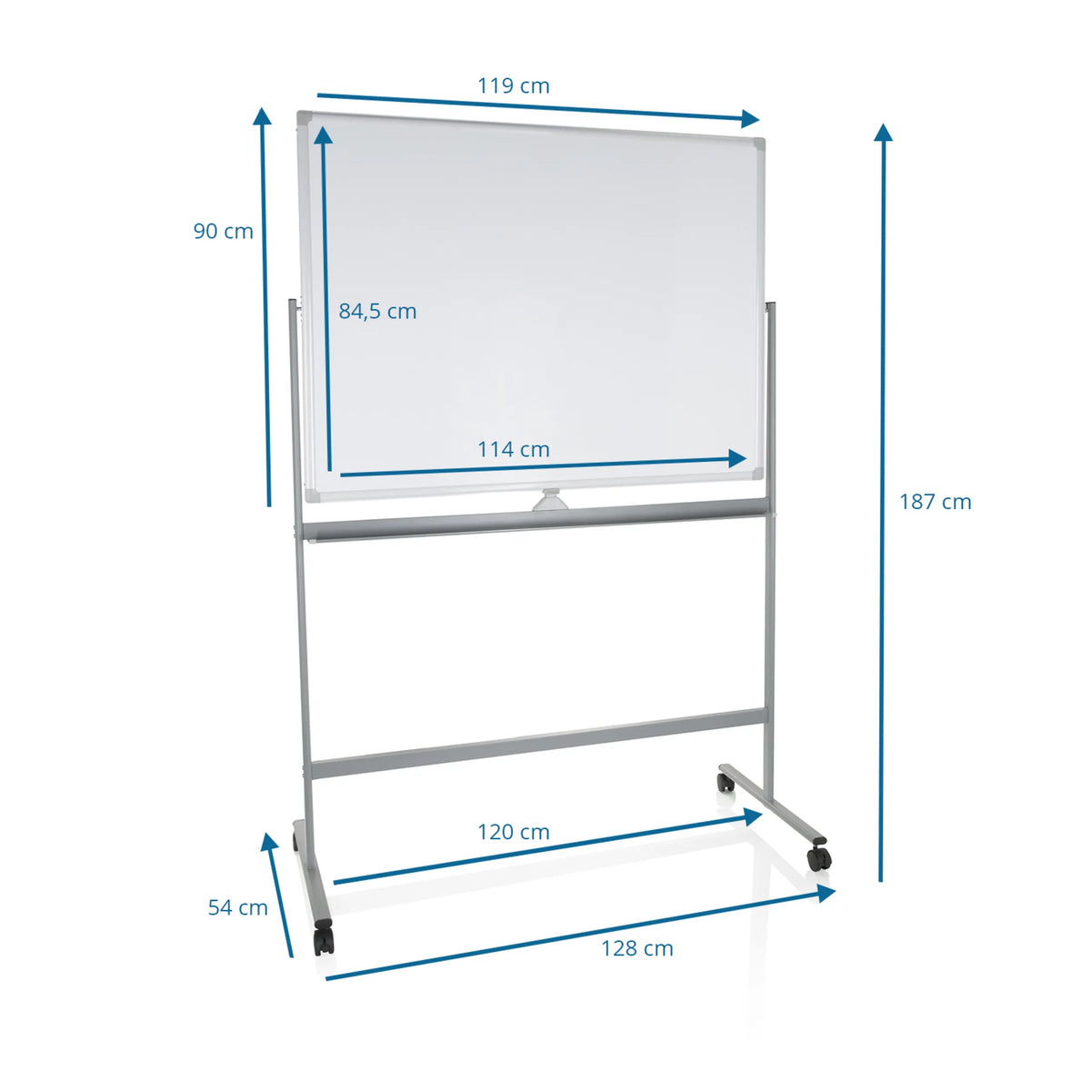 Technische tekening van het Whiteboard MULTIBOARD I met een totale hoogte van 187 cm van hjh OFFICE