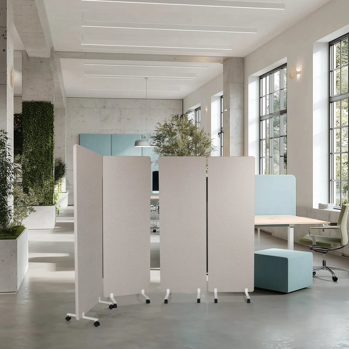 Grijze scheidingswanden FLEXMIUT 1 als mobiele tweedelige set op wielen van hjh OFFICE