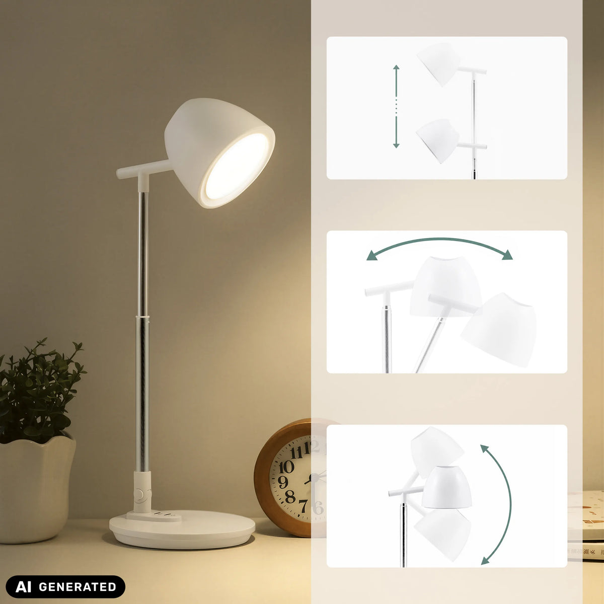 Hoogte- en kantelverstelling van de Lumanova D3 bureaulamp in wit van hjh OFFICE (AI-gegenereerde afbeelding)