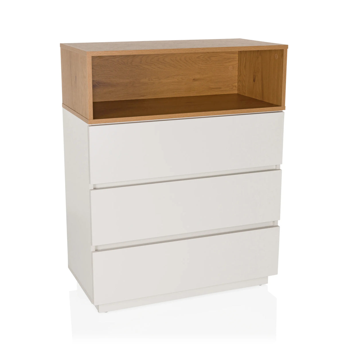 Witte commode MELMO K met drie laden en een open opbergvak in eikenlook van hjh LIVING – 360-gradenweergave (vooraanzicht 15°)