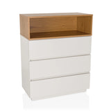 Witte commode MELMO K met drie laden en een open opbergvak in eikenlook van hjh LIVING – 360-gradenweergave (vooraanzicht 15°)