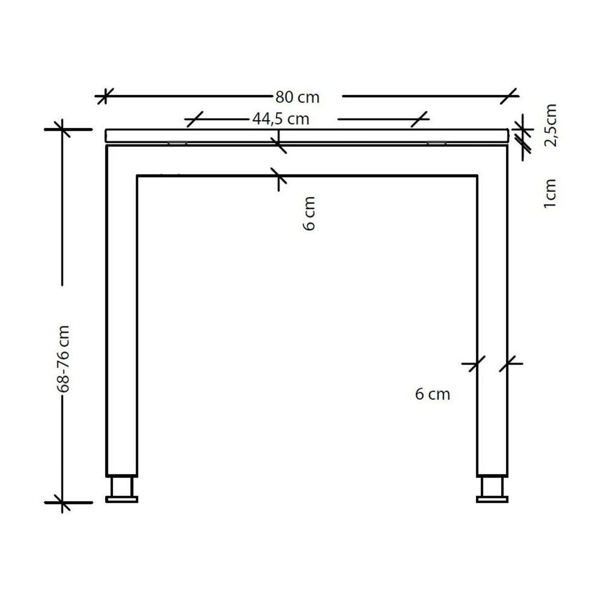 Maßzeichnung des Schreibtischs JAVA 12 S mit einer Breite von 80 cm und einer Höhe von 68-76 cm von hjh OFFICE PRO