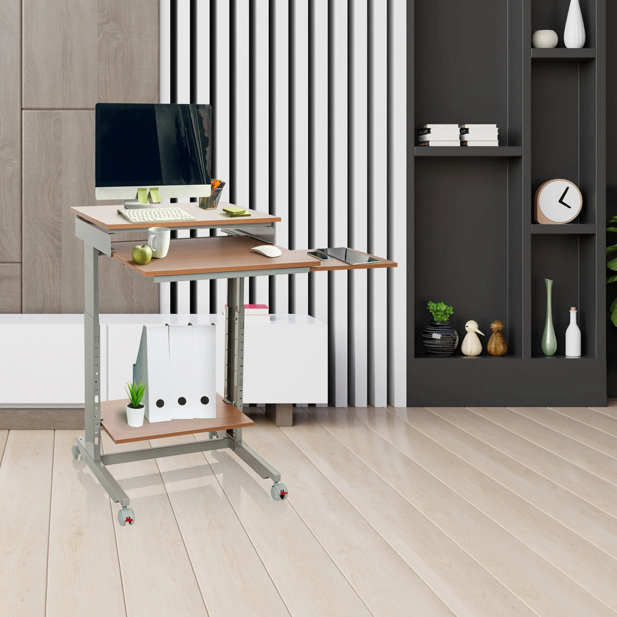 Zit- Sta bureau WORKSTATION in beuken en grijs met drie niveaus en zwenkwielen van hjh OFFICE