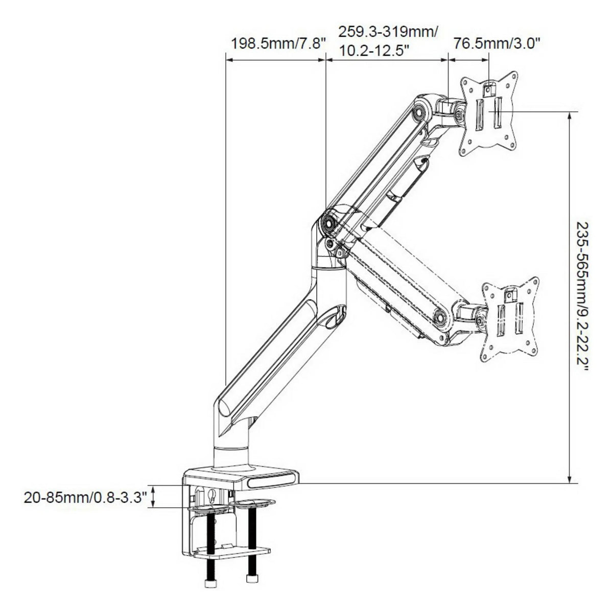Technische tekening van de Monitorsteun VM-MG1S met een maximale hoogte van 565 mm van hjh OFFICE