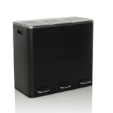 Schwarzer Mülleimer Clean 9 mit drei Fächern, silbernen Deckeln und Trittpedalen von hjh OFFICE – 360-Grad-Ansicht (schräge Frontansicht 30°)