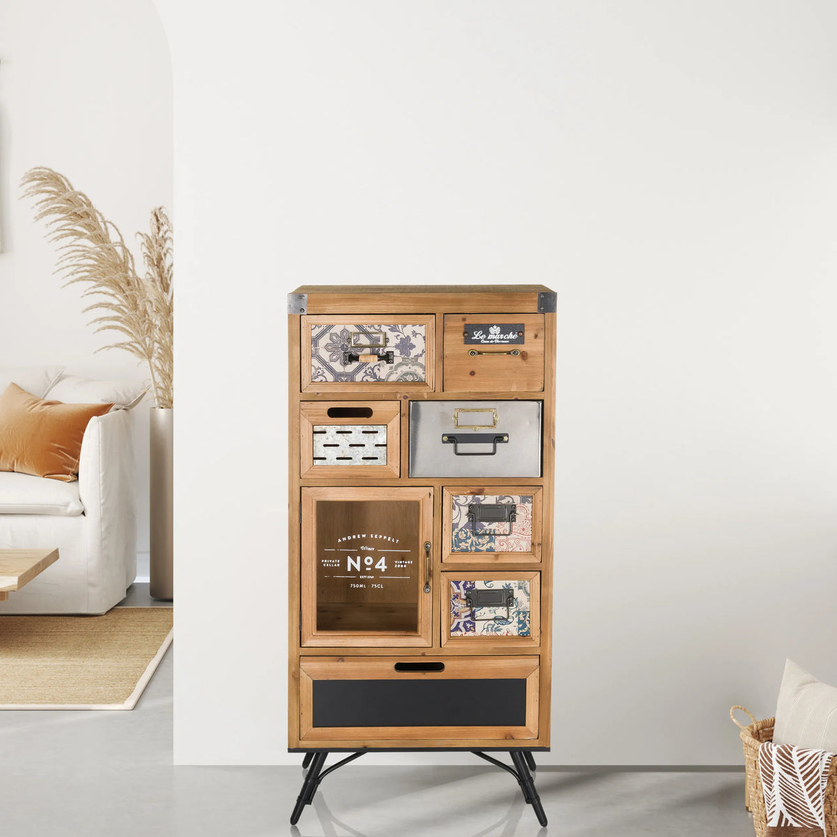 Dressoir CONTINENTO S van donkergekleurd hout met verschillende laden en metalen poten van hjh LIVING