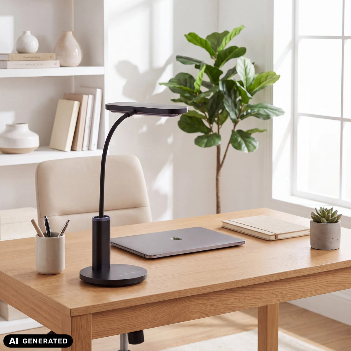 Bureaulamp Lumanova D4 in zwart op een houten bureau van hjh OFFICE (AI-gegenereerde afbeelding)