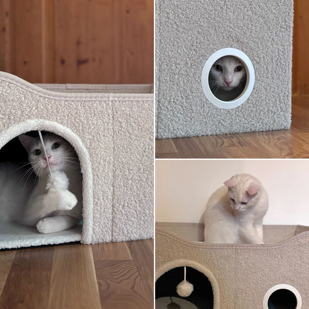 Beige PAWY EB kattengrot met een ronde opening, een speelbal en een witte kat van hjh LIVING