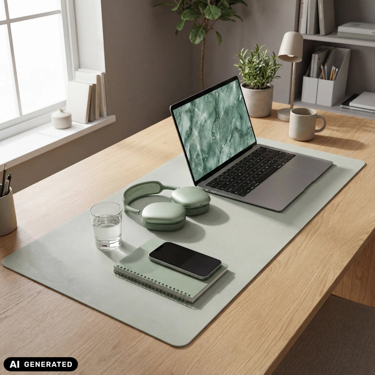 Lichtgroene Padflux Clean bureauonderlegger op een houten tafel met laptop en accessoires van hjh OFFICE (AI-gegenereerde afbeelding)