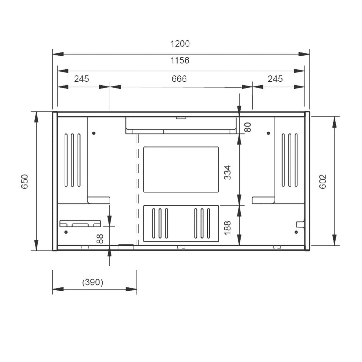 Maattekening van het WOVA wandbureau met een breedte van 1200 mm en een diepte van 650 mm van hjh OFFICE PRO