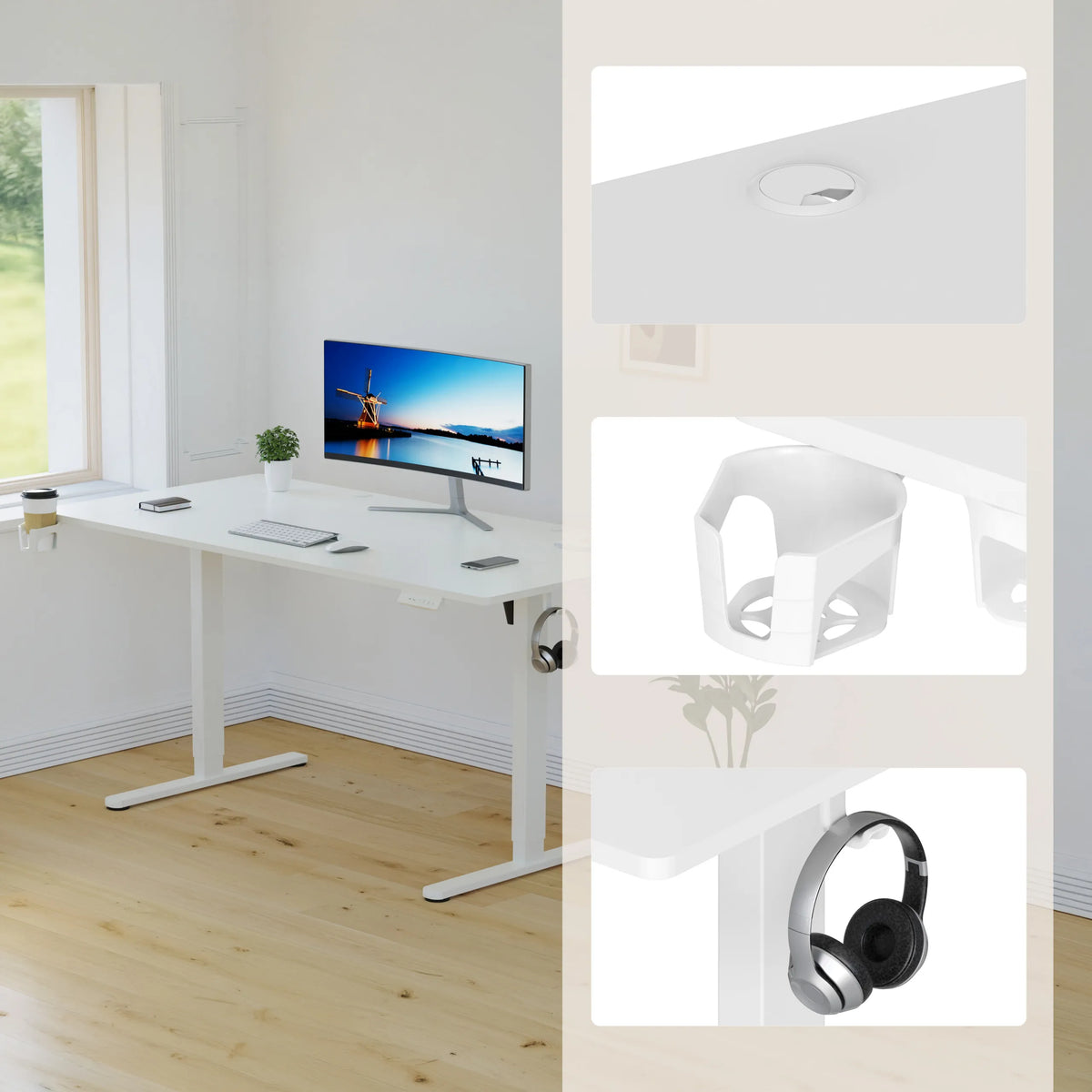 Kabeldoorvoer, bekerhouder en koptelefoonhouder aan het Worktime bureau in wit van hjh OFFICE