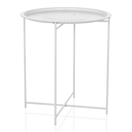 Witte metalen bijzettafel ALLRUND met rond blad en gaatjespatroon van hjh LIVING