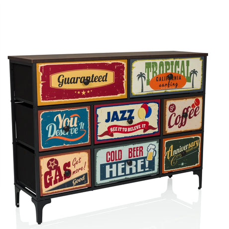 Commode AMERIKO B met zwart frame en zes kleurrijke motif-laden in vintage stijl van hjh LIVING