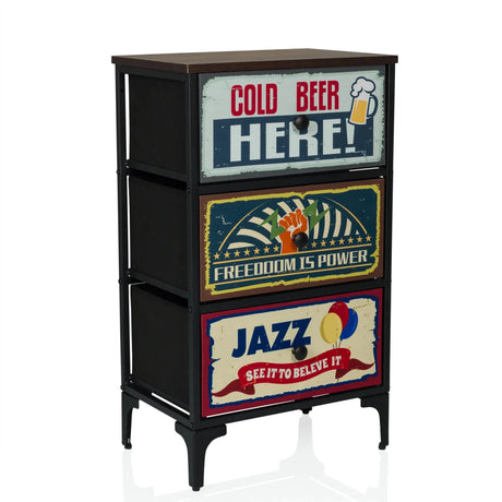 Commode AMERIKO S met een zwart metalen frame en drie kleurrijke lades met motief van hjh LIVING