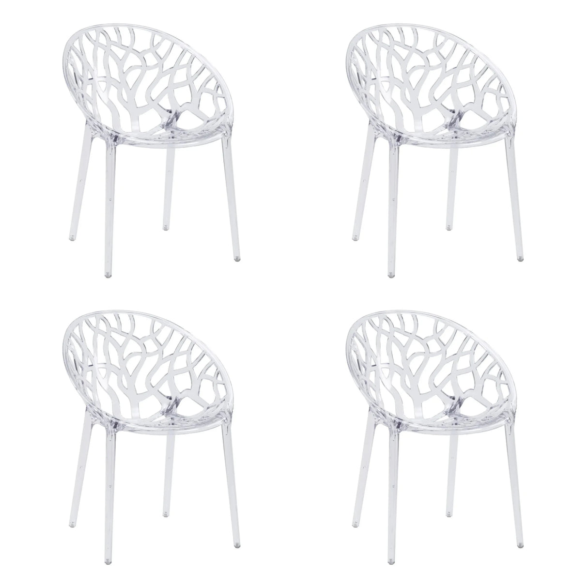Vier transparante vierpotige stoelen Artifo T met organisch opengewerkte rugleuning van hjh LIVING