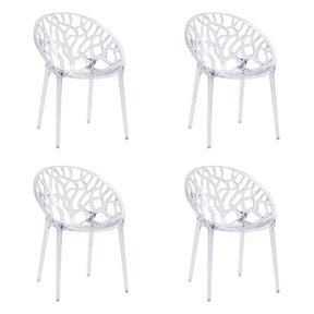 Vier transparante vierpotige stoelen Artifo T met organisch opengewerkte rugleuning van hjh LIVING