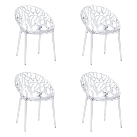 Vier transparante vierpotige stoelen Artifo T met organisch opengewerkte rugleuning van hjh LIVING