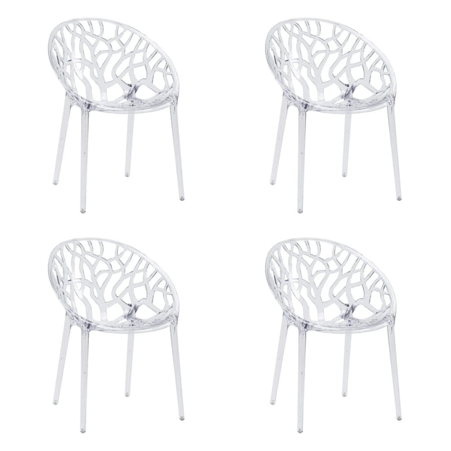 Vier transparante vierpotige stoelen Artifo T met organisch opengewerkte rugleuning van hjh LIVING