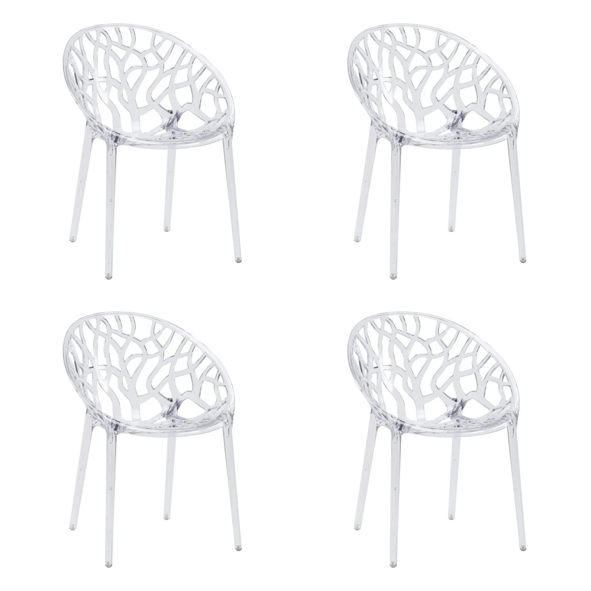 Vier transparante vierpotige stoelen Artifo T met organisch opengewerkte rugleuning van hjh LIVING