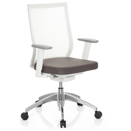 Professionele bureaustoel ASPEN WHITE in grijs en wit met netrug en glanzend onderstel van hjh OFFICE
