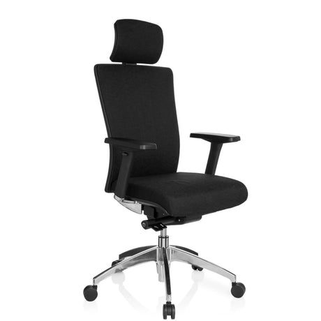 Zwarte professionele bureaustoel ASTRA LUX met stoffen bekleding, hoofdsteun en glanzend onderstel van hjh OFFICE