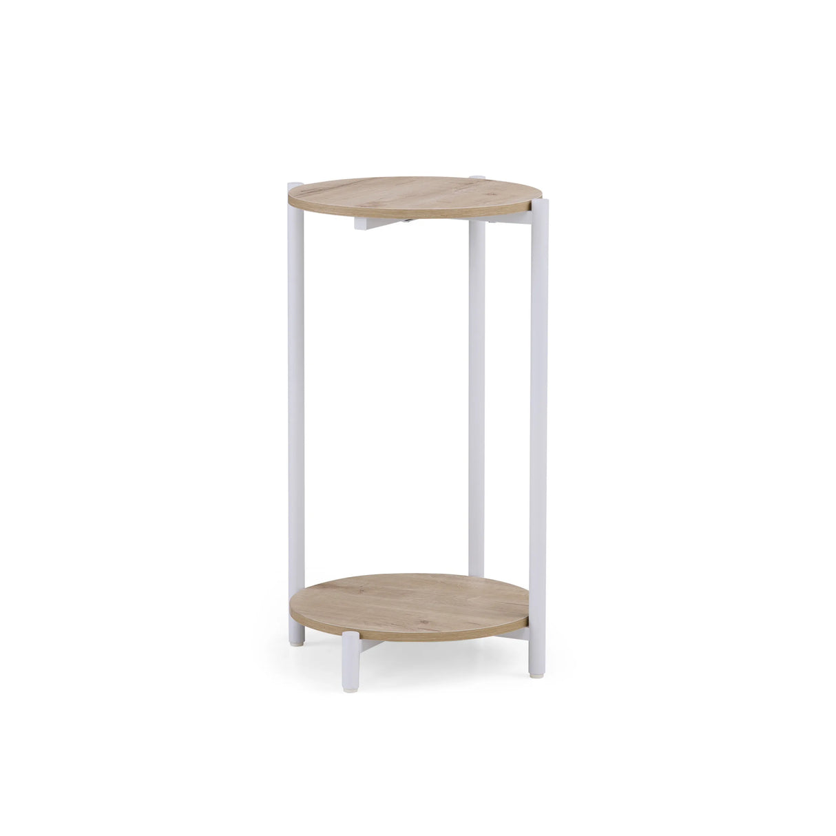 Bijzettafel Nestup 1 met twee ronde eikenhouten bladen en een wit frame van hjh LIVING
