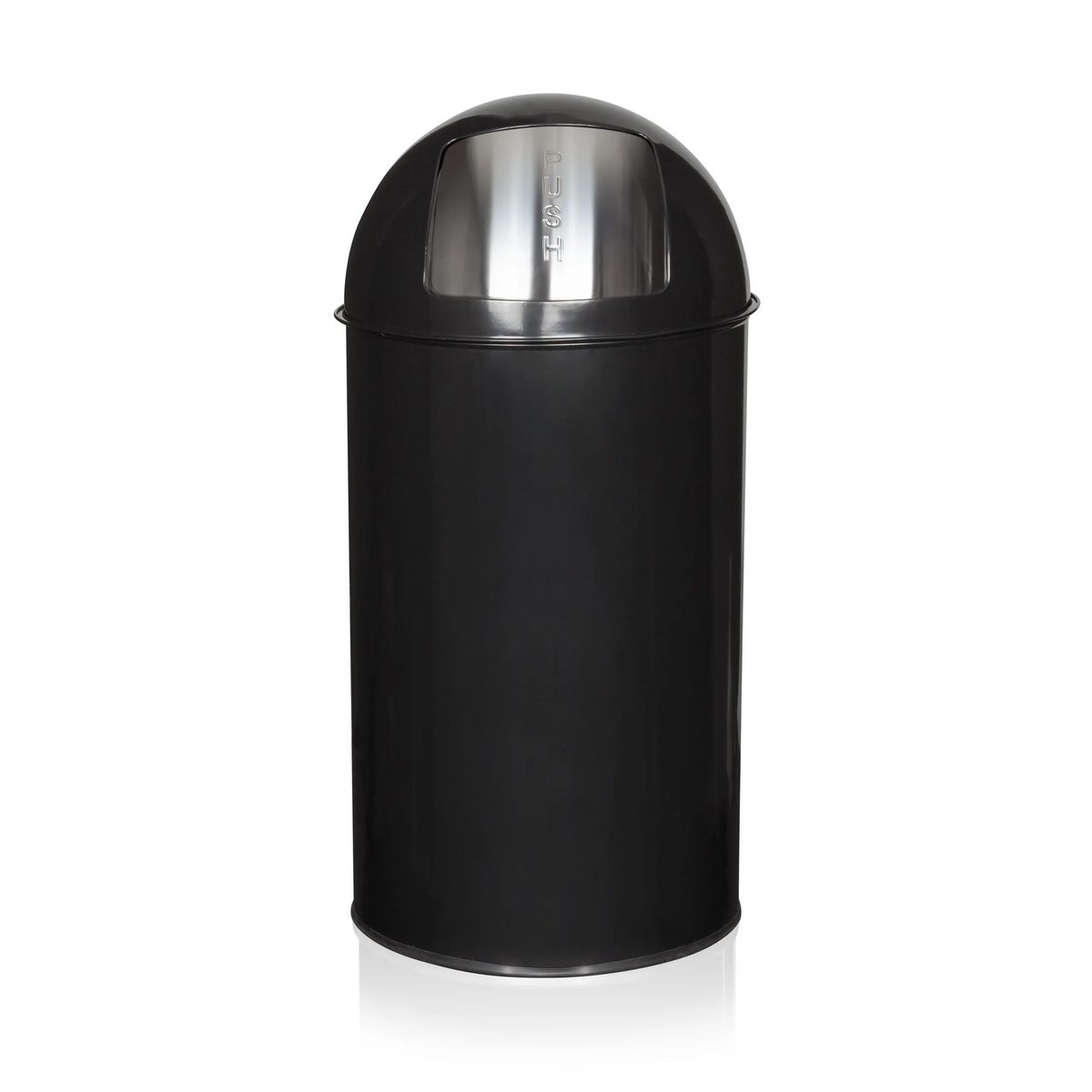 Zwarte Prullenbak PUSH 50L met zilverkleurige dekselinsert van hjh OFFICE – 360-gradenweergave (vooraanzicht 0°)
