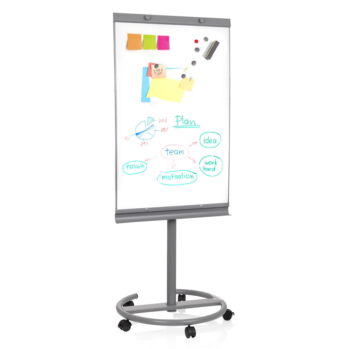Whiteboard MULTIBOARD in zilver met beschrijfbaar oppervlak op een onderstel met wielen van hjh OFFICE