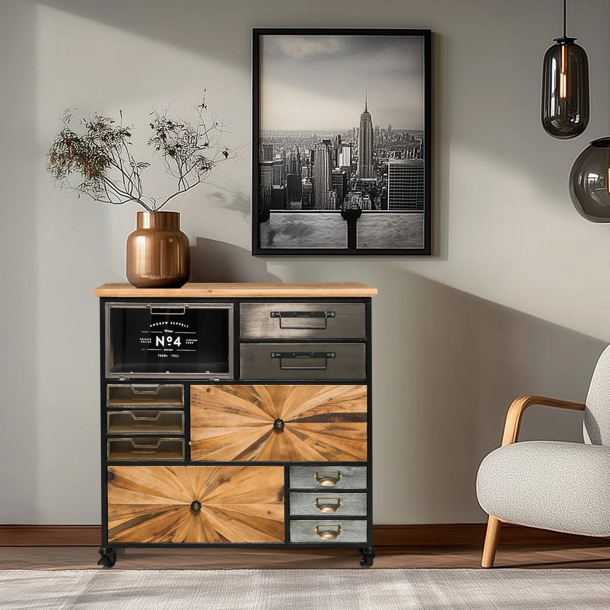 Dressoir CONTINENTO XL in donkere houtkleuren met metalen accenten en zwenkwielen van hjh LIVING