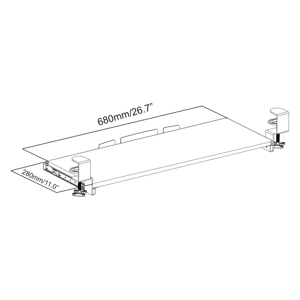 Technische tekening van de Toetsenbord lade VM-KB met 680 × 280 mm van hjh OFFICE