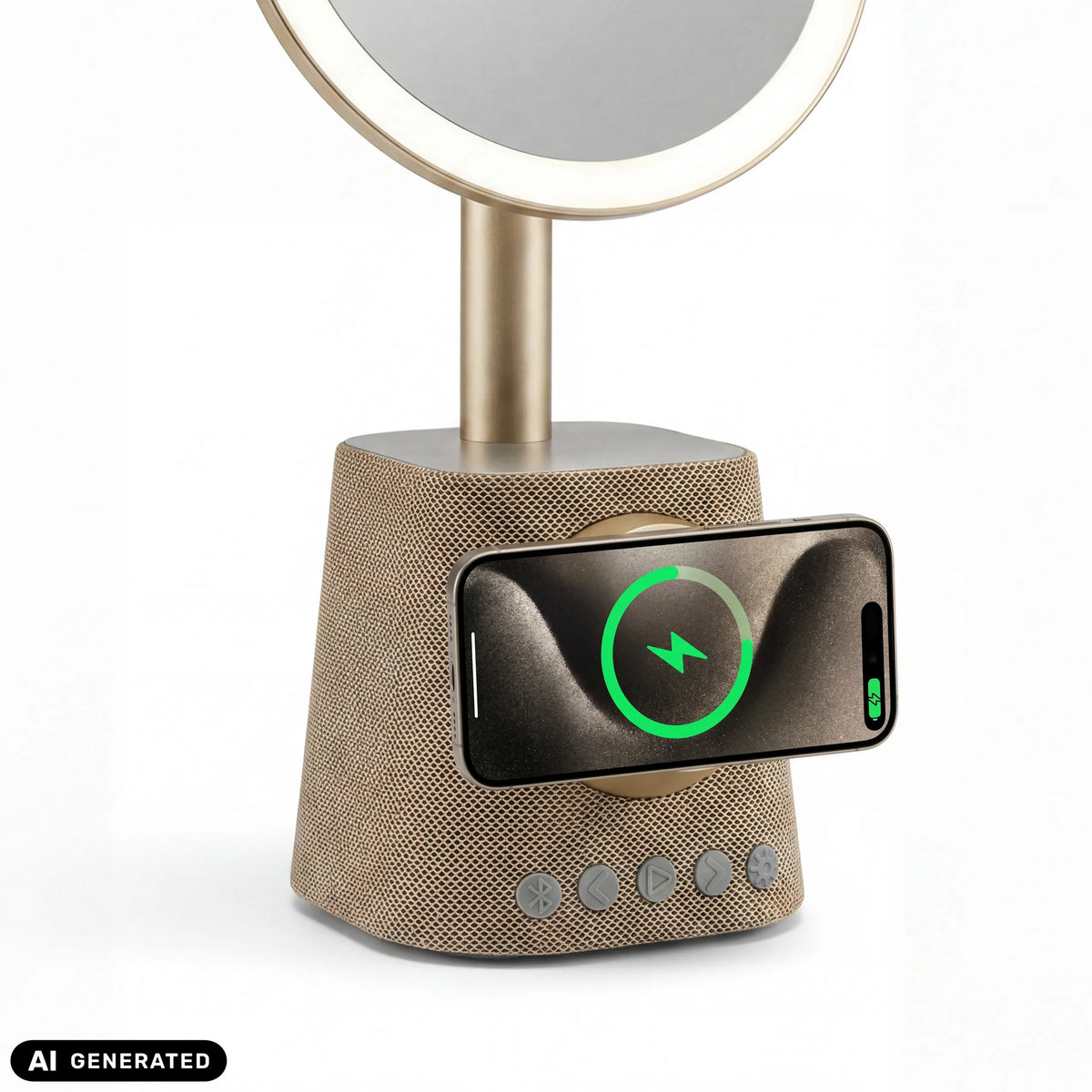 Inductieladestation voor smartphones aan de Glamlody Make-up Spiegel in goud van hjh OFFICE (AI-gegenereerde afbeelding)