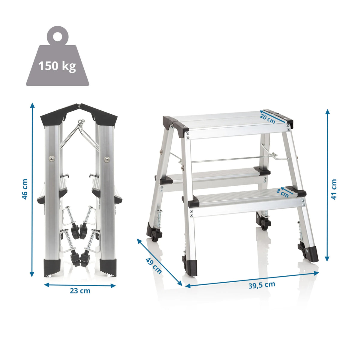 Maattekening van de Klaptrap SOLID VI met een hoogte van 41 cm en een draagvermogen van 150 kg van hjh OFFICE