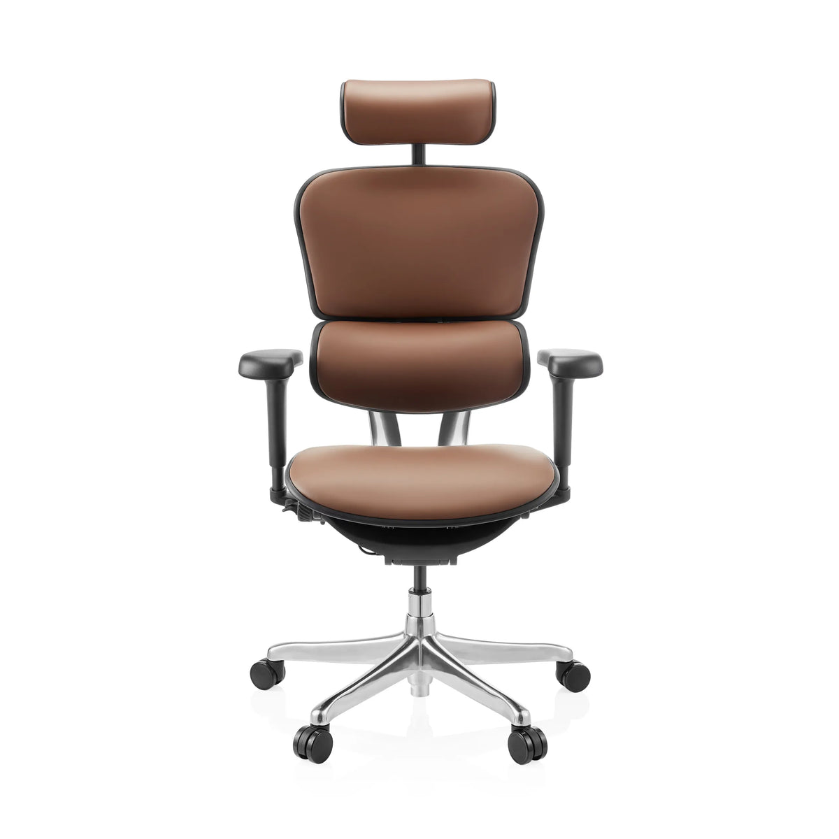 Bruine Luxe directiestoel ERGOHUMAN ULTRA L GEN2 van leder met hoofdsteun en vijfpuntig kruis met wieltjes van hjh OFFICE – 360-gradenweergave (vooraanzicht 0°)