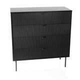 Zwarte Commode KARBY K met vier geribbelde lades en slanke poten van hjh LIVING – 360-gradenweergave (vooraanzicht 15°)