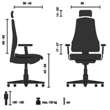 Technische tekening van de Luxe directiestoel ERGOHUMAN GEN2 met een maximale belasting van 150 kg van hjh OFFICE