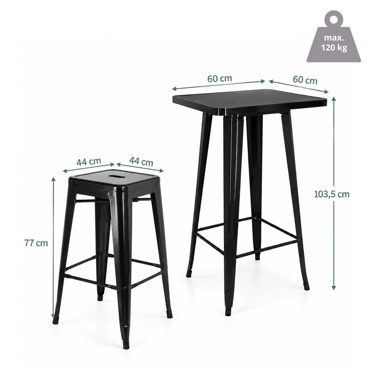Maattekening van de Vantaggio Set bartafelset met een tafel van 60 × 60 cm en een hoogte van 103,5 cm van hjh OFFICE