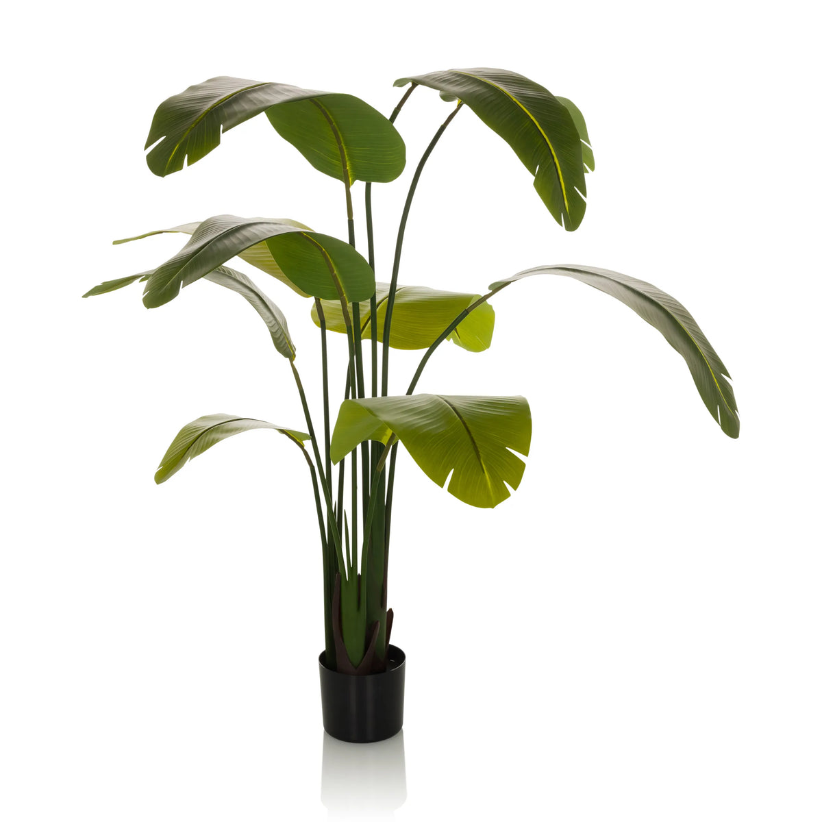 Groene Kunstplant BANANE met grote bladeren in een zwarte pot van hjh OFFICE – 360-gradenweergave (vooraanzicht 0°)