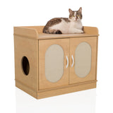 Kattenhuis KITTYHOME 2 in beukenhout-look met twee deuren, zij-ingang en een kat op het oppervlak van hjh LIVING