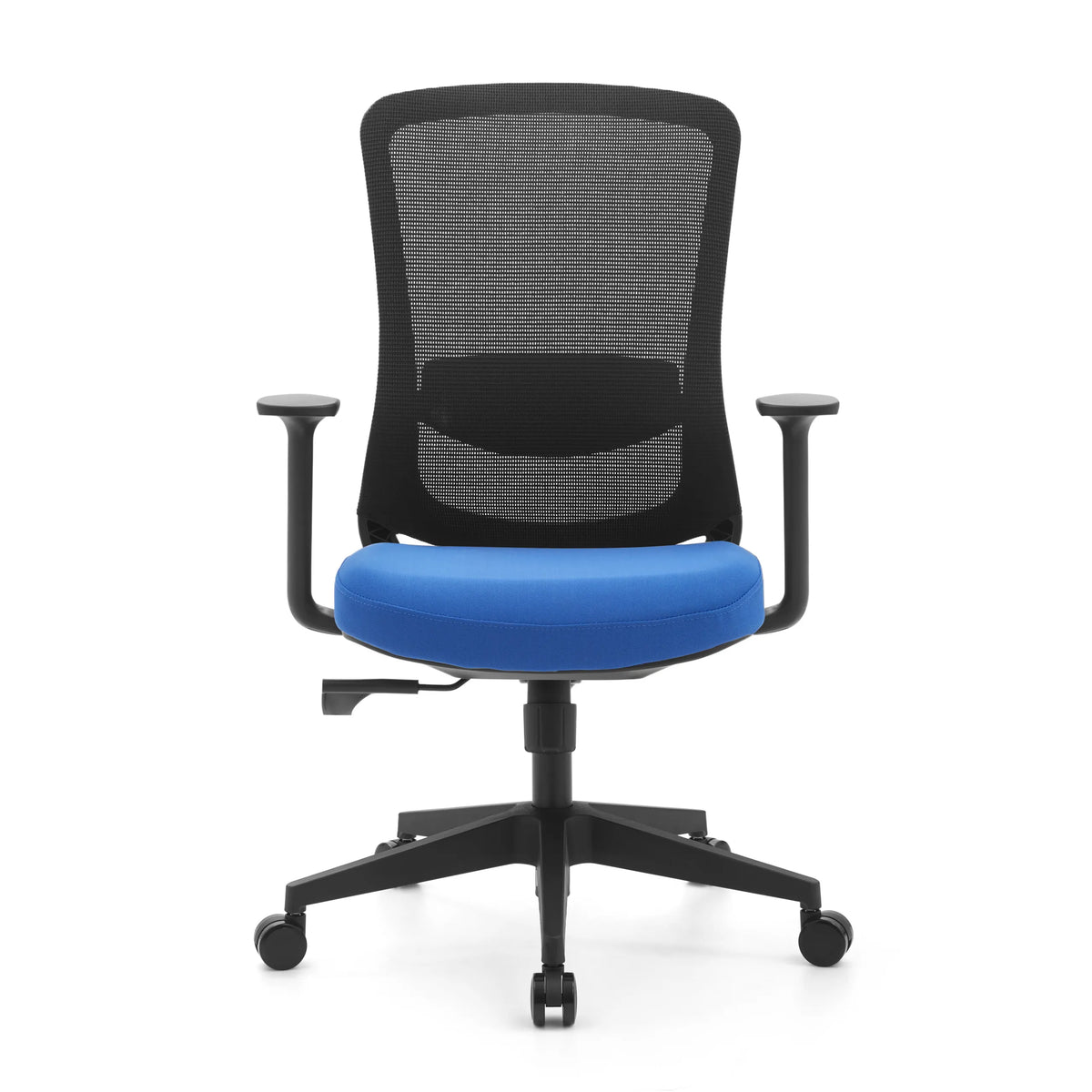 Blauw-zwarte Thuisgebruik bureaustoel Sedito met netrug en vijfster-onderstel met wieltjes van hjh OFFICE – 360-gradenweergave (vooraanzicht 0°)
