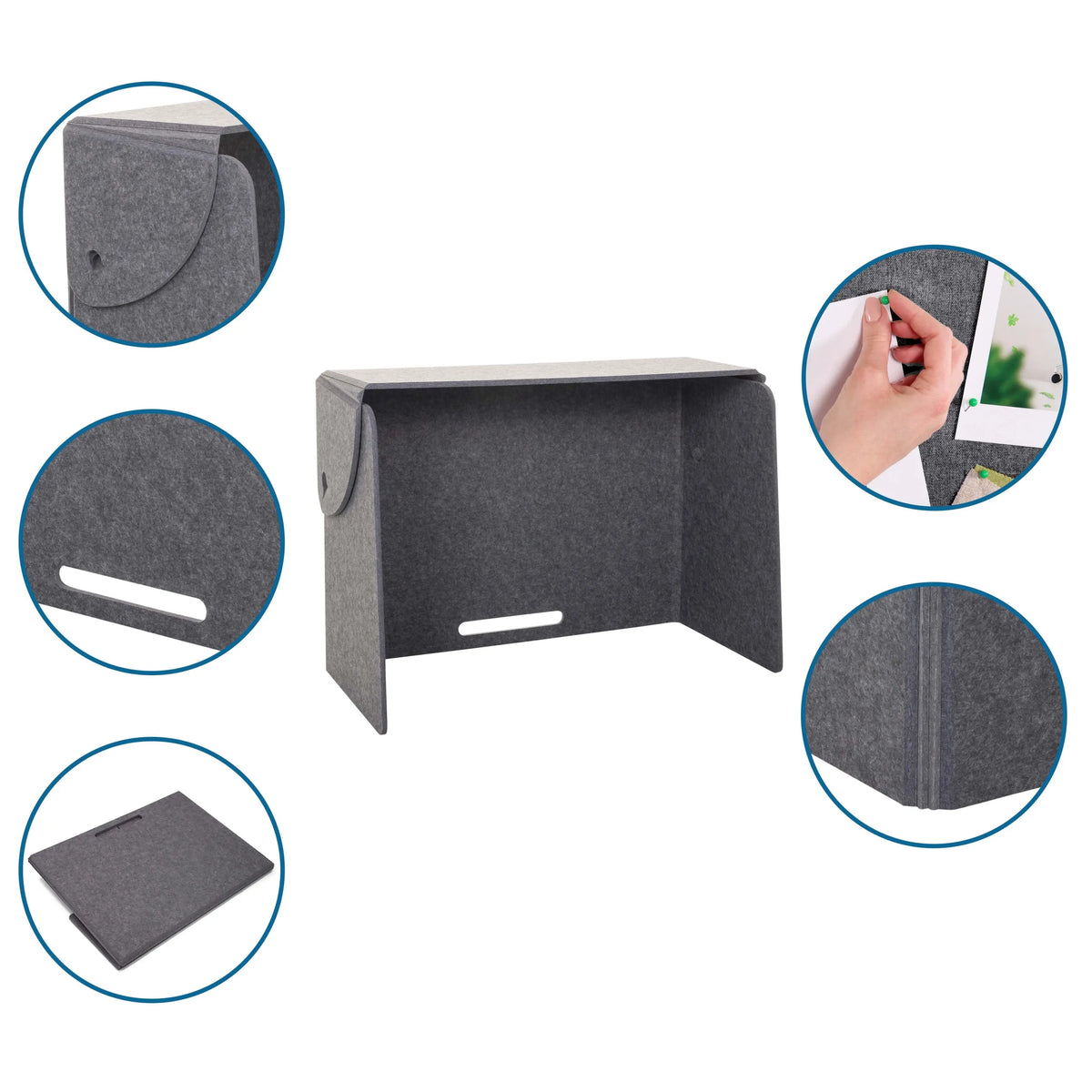 Grijze vilt tafelverdeler FLEXMIUT FOLD met verschillende detailweergaven van hjh OFFICE
