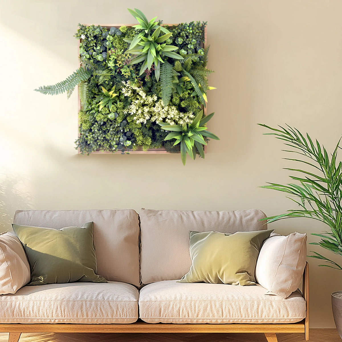 Groene plantmat LEAFLUXE WALL 1 als vierkant wandbeeld boven een bank van hjh LIVING