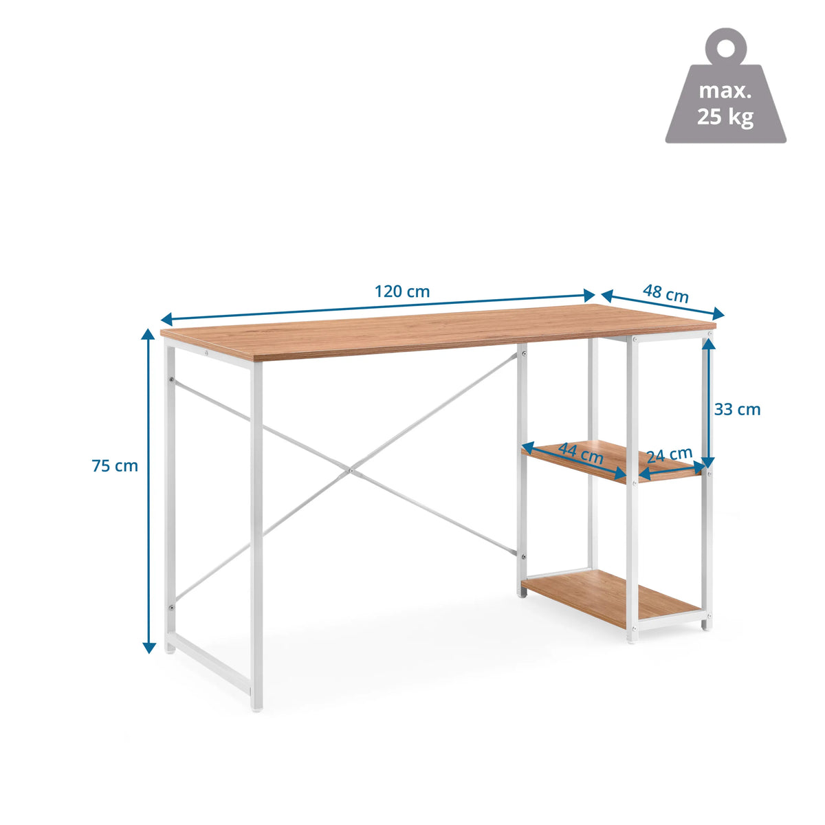 Maattekening van het Easy Up2 bureau met een breedte van 120 cm en een hoogte van 75 cm van hjh LIVING