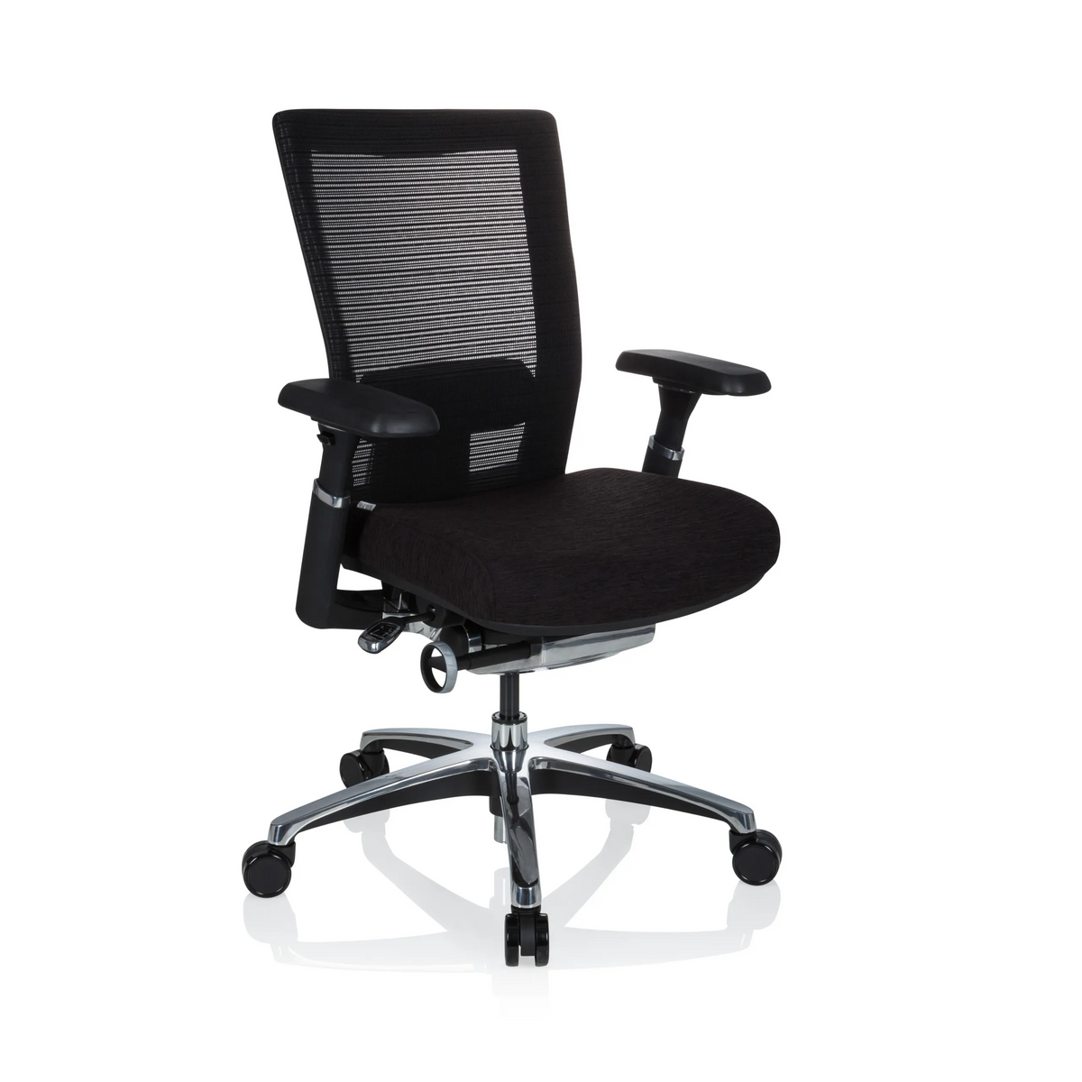 Zwarte High end bureaustoel NOVA PRO ALU met netrugleuning en vijfpoot met wieltjes van hjh OFFICE – 360-gradenweergave (schuin vooraanzicht 40°)