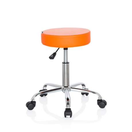 Oranger Drehhocker OPERATOR II mit glänzendem Chromgestell und fünf Doppelrollen von hjh OFFICE