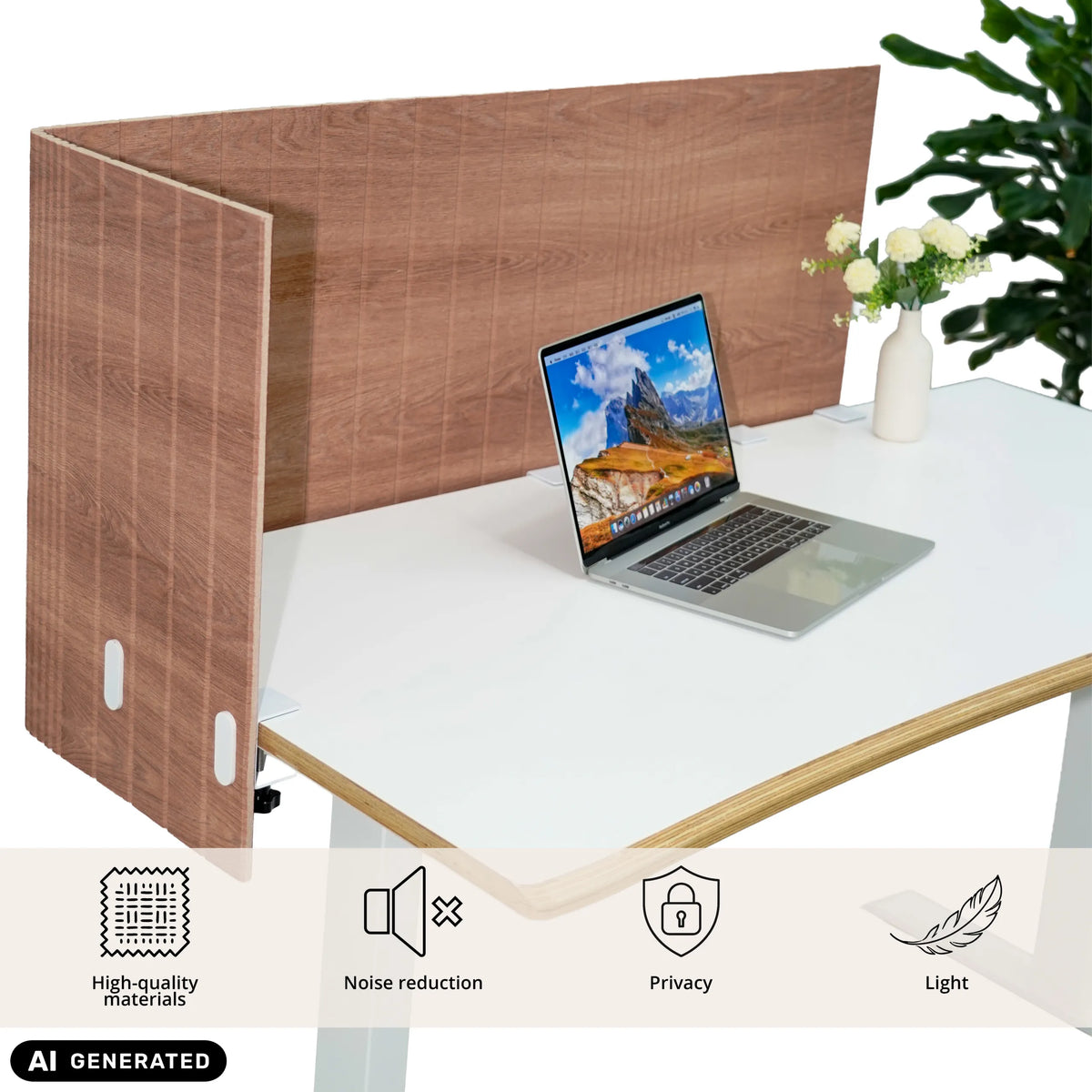 Bruine tafelverdeler FLEXMIUT ROLL W met L-vorm op een wit bureau van hjh OFFICE