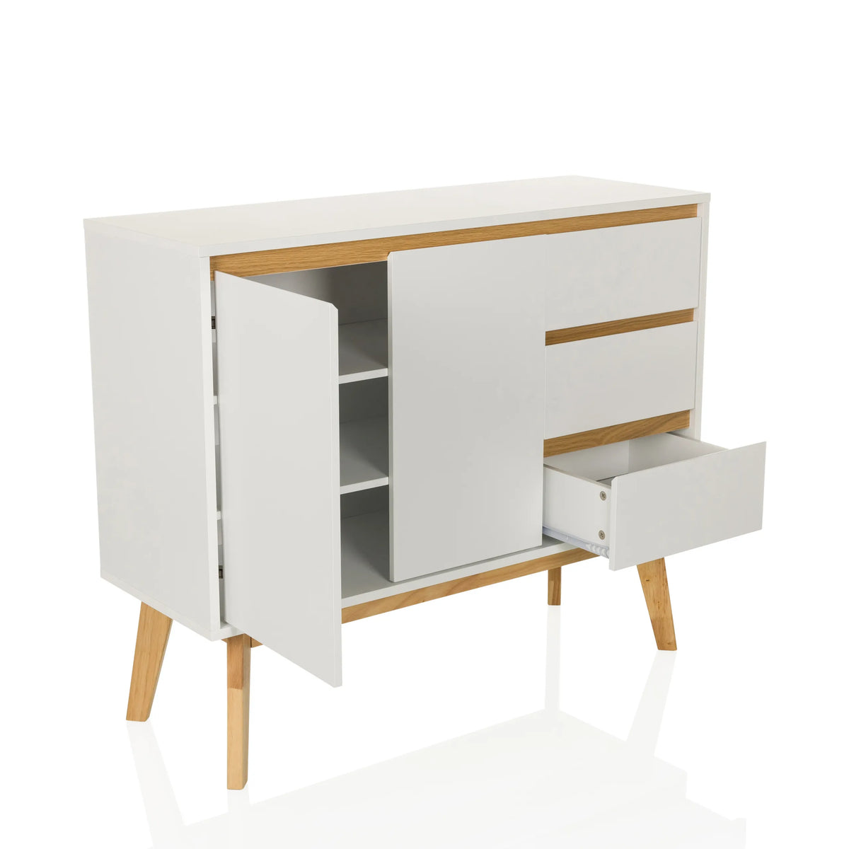 Wit Dressoir TAROLO I met een openstaande deur en één lade op houten poten van hjh LIVING