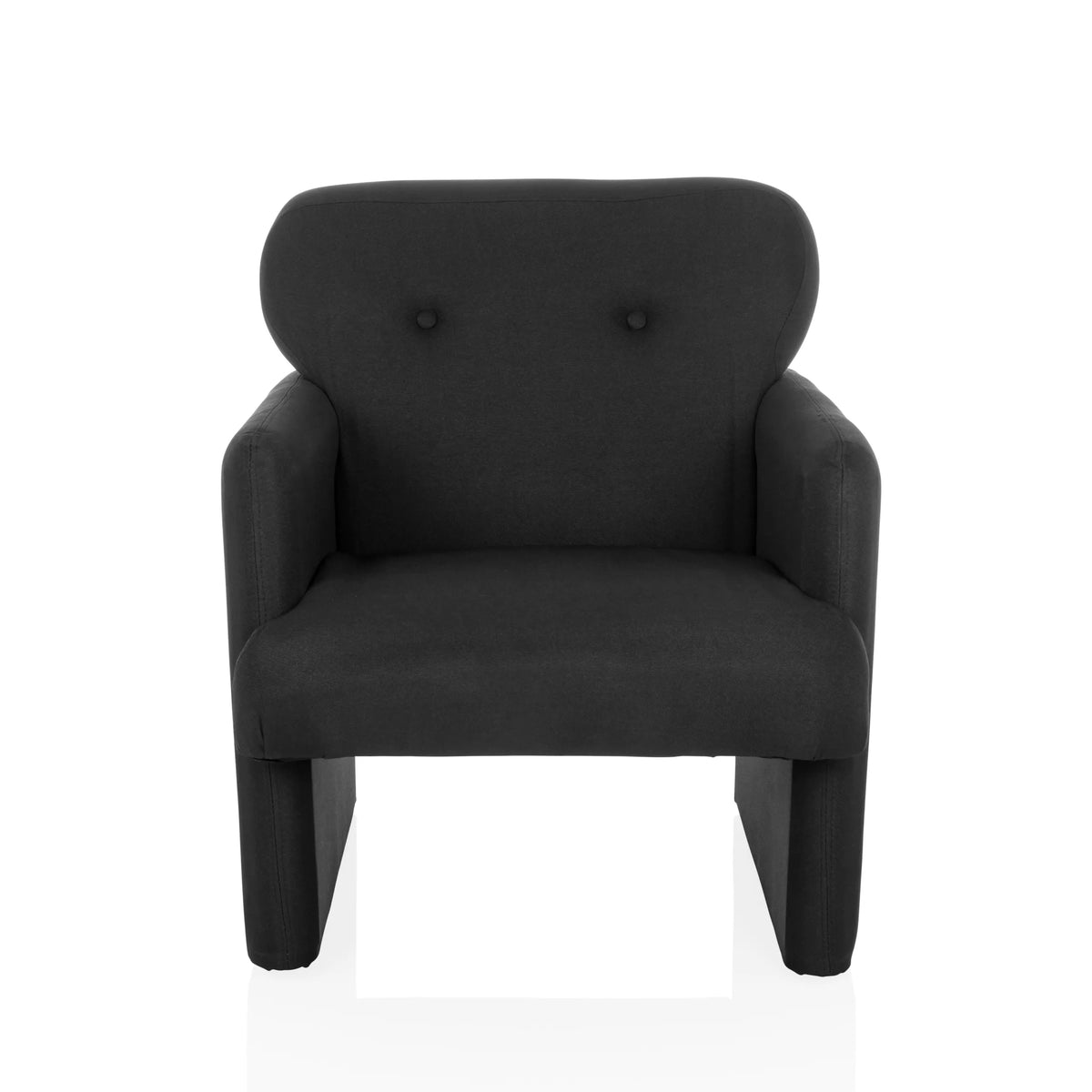 Zwarte lounge stoel CARIPITO met stoffen bekleding en twee knopen op de rugleuning van hjh LIVING – 360-gradenweergave (vooraanzicht 0°)