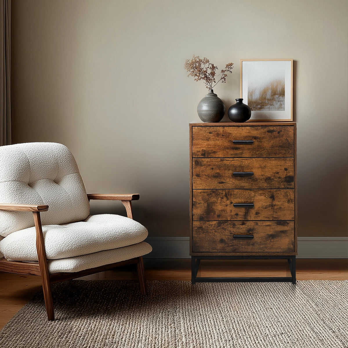 Bruine Commode VINSTRA met vier laden en een zwart metalen frame van hjh LIVING